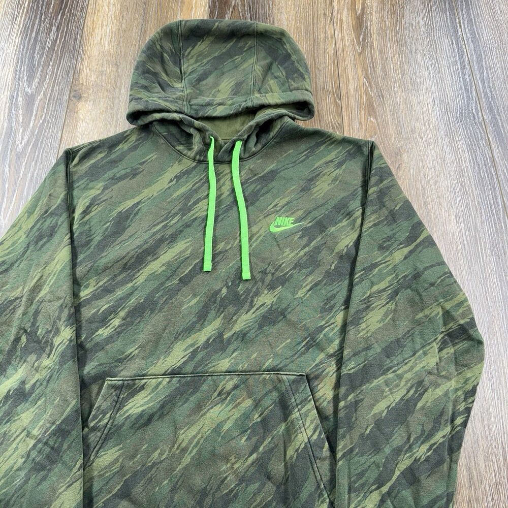 Vintage Nike Hoodie Mens L Green Camo Sweatshirt Swoosh Check Embroidered Logo